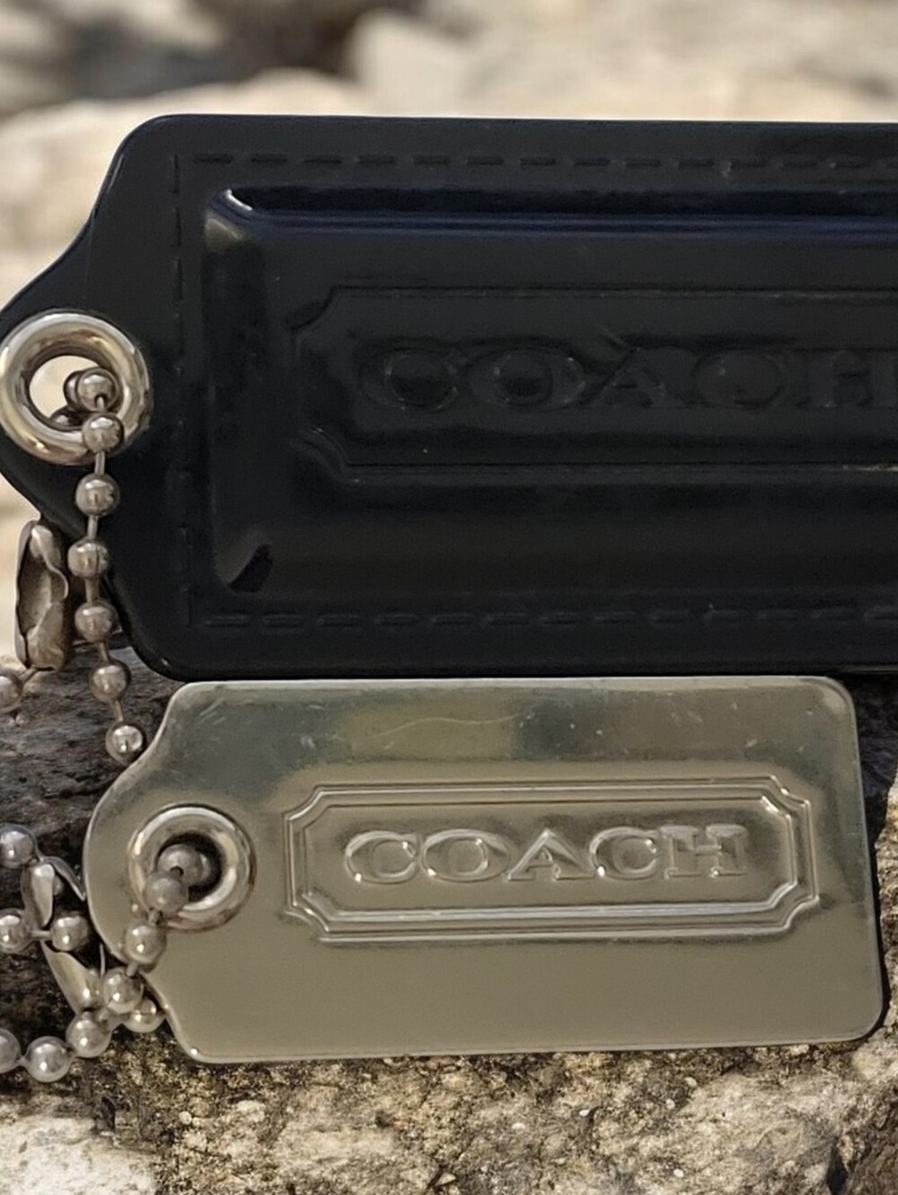 Coach EUC! Black Leather and Silver-Tone Double Hangtags With Silver Ball Chains - Picture 3 of 3